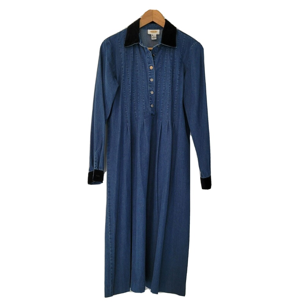Vintage Dress Women 8 Blue Denim Pleated‎ Velvet Trim Long Sleeve Button Prairie